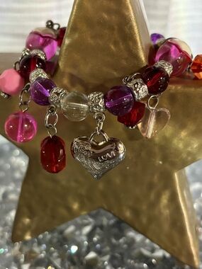 🌸 Bracelet Pink Red Purple Heart Beaded Stretch Bracelet